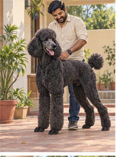 Illustration of people spending time with a Giant Poodle at home or outdoors