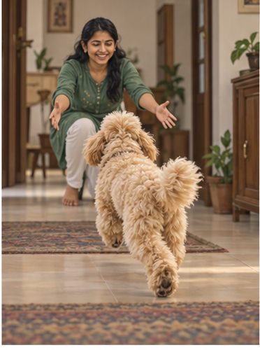 Illustration of people spending time with a Goldendoodle at home or outdoors