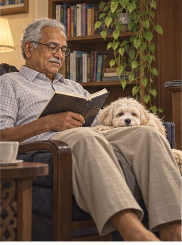 A man reads in an armchair while a small dog rests beside him.