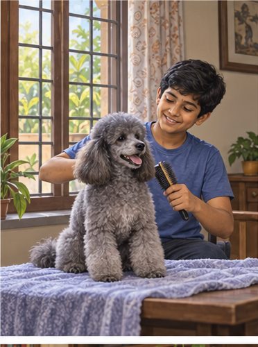 Illustration of people spending time with a Miniature Poodle at home or outdoors