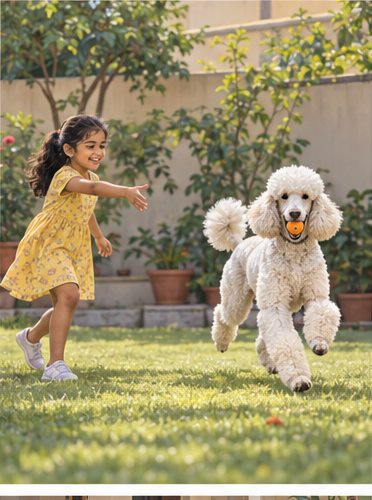 Illustration of people spending time with a Standard Poodle at home or outdoors