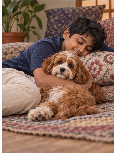 AI-generated illustration of a child resting on a sofa beside two apricot Cavapoo-type dogs