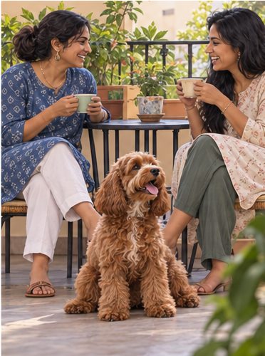 Illustration of people spending time with a Cockapoo at home or outdoors