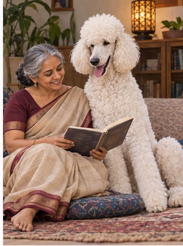 Illustration of people spending time with a Giant Poodle at home or outdoors