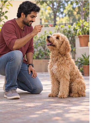 Illustration of people spending time with a Goldendoodle at home or outdoors
