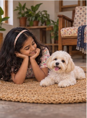 A woman sits on the floor beside a small white dog on a rug.