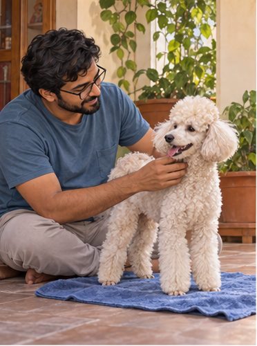 Illustration of people spending time with a Miniature Poodle at home or outdoors