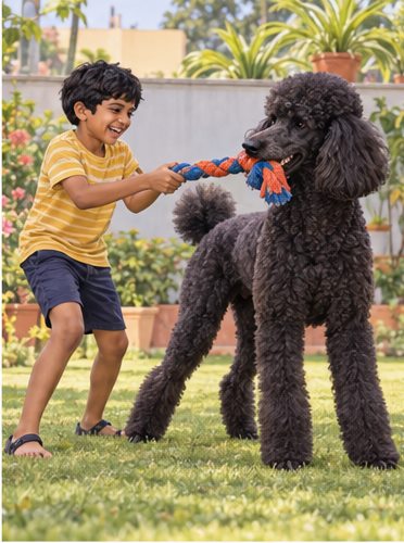 Illustration of people spending time with a Standard Poodle at home or outdoors
