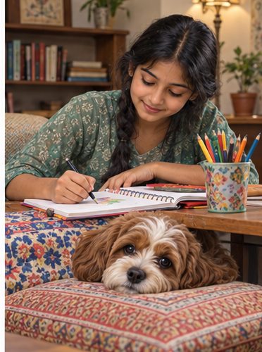 AI-generated illustration of a woman drawing at a table while an apricot-and-white dog rests on a cushioned seat