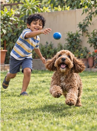 Illustration of people spending time with a Cockapoo at home or outdoors