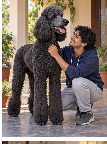 Illustration of people spending time with a Giant Poodle at home or outdoors