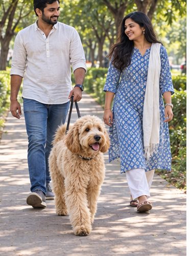 Illustration of people spending time with a Goldendoodle at home or outdoors