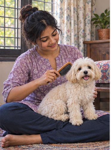 A woman brushes a small white dog while it sits beside her.