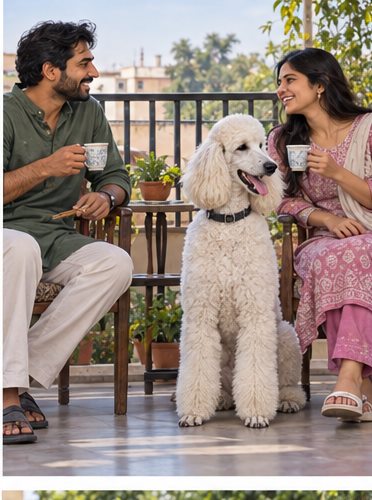 Illustration of people spending time with a Standard Poodle at home or outdoors