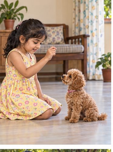 Illustration of people spending time with a Toy Poodle at home or outdoors