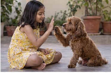 Illustration of people spending time with a Cockapoo at home or outdoors