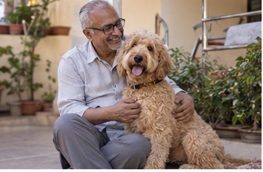 Illustration of people spending time with a Goldendoodle at home or outdoors
