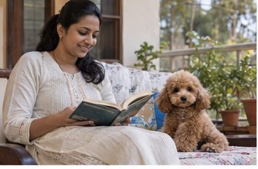 Illustration of people spending time with a Toy Poodle at home or outdoors