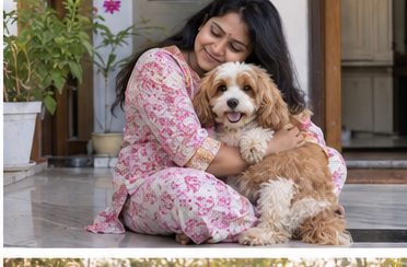 AI-generated illustration of a woman sitting on a doorstep and hugging an apricot-and-white dog