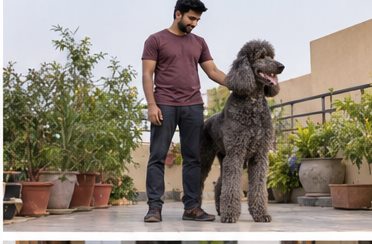 Illustration of people spending time with a Giant Poodle at home or outdoors