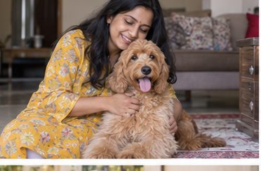 Illustration of people spending time with a Goldendoodle at home or outdoors