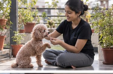 Illustration of people spending time with a Miniature Poodle at home or outdoors