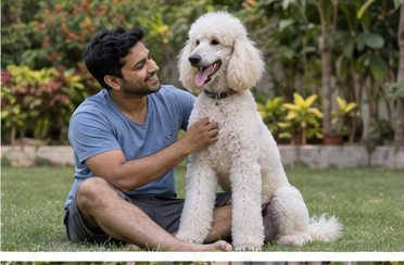 Illustration of people spending time with a Standard Poodle at home or outdoors