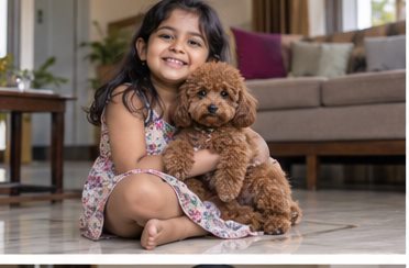Illustration of people spending time with a Toy Poodle at home or outdoors