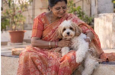AI-generated illustration of a seated woman in a sari holding a pale curly-coated dog outdoors