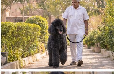 Illustration of people spending time with a Giant Poodle at home or outdoors