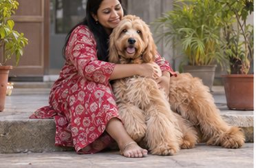 Illustration of people spending time with a Goldendoodle at home or outdoors