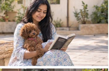 Illustration of people spending time with a Toy Poodle at home or outdoors