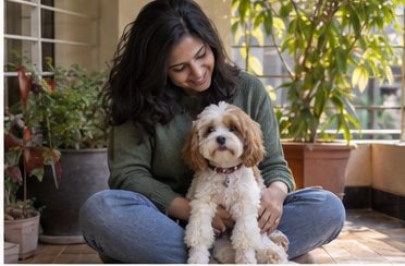 AI-generated illustration of a seated woman with an apricot-and-white dog on a bright veranda