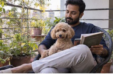 Illustration of people spending time with a Miniature Poodle at home or outdoors