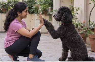 Illustration of people spending time with a Standard Poodle at home or outdoors