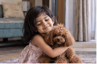 Illustration of people spending time with a Toy Poodle at home or outdoors