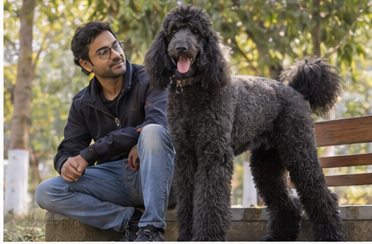 Illustration of people spending time with a Giant Poodle at home or outdoors
