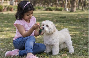 A child sits beside a small dog on the grass.