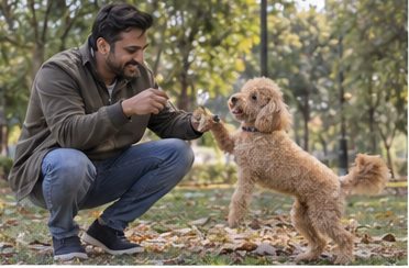Illustration of people spending time with a Miniature Poodle at home or outdoors