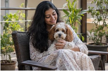 AI-generated illustration of a woman holding a brown-and-white dog on a leafy outdoor patio
