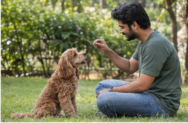 Illustration of people spending time with a Cockapoo at home or outdoors