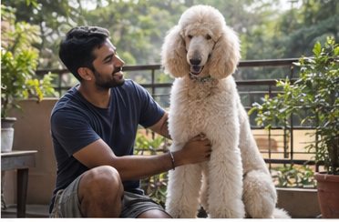 Illustration of people spending time with a Giant Poodle at home or outdoors