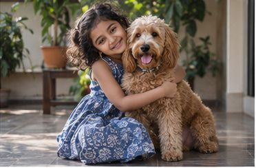 Illustration of people spending time with a Goldendoodle at home or outdoors
