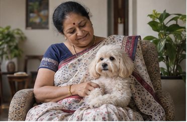 A woman sits on the floor with a small white dog leaning into her lap.