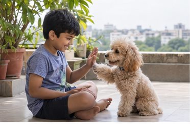 Illustration of people spending time with a Miniature Poodle at home or outdoors