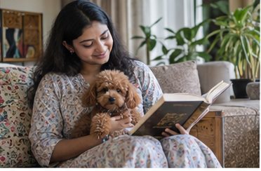 Illustration of people spending time with a Toy Poodle at home or outdoors