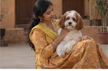 AI-generated illustration of a seated woman in a yellow sari holding a brown-and-white dog indoors