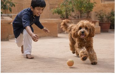 Illustration of people spending time with a Cockapoo at home or outdoors