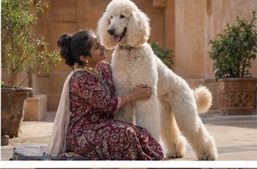 Illustration of people spending time with a Giant Poodle at home or outdoors