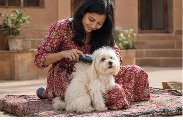 A woman sits on the floor beside a small white dog.